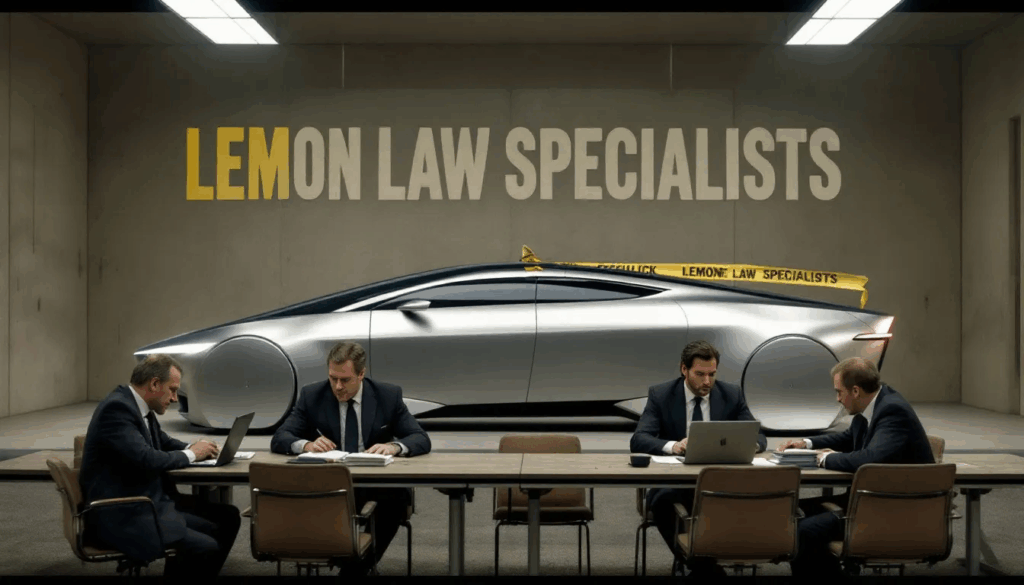 The image depicts a determined lemon law attorney standing confidently next to a Tesla Cybertruck, symbolizing the fight for consumer rights among cybertruck owners facing issues with their vehicles. In the background, a banner highlights "lemon law claims," emphasizing the legal support available for those dealing with defective electric trucks.