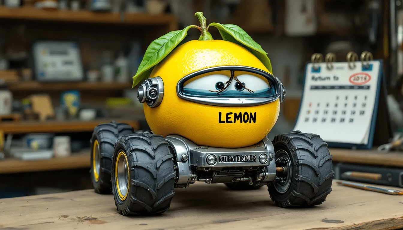 A whimsical image depicts a toy truck designed in the style of the Tesla Cybertruck, sitting next to a cartoonish lemon with wheels, symbolizing the concept of lemon law claims related to defective vehicles. This playful representation highlights the challenges faced by many Cybertruck owners regarding recurring defects and the potential for legal action under California's lemon laws.